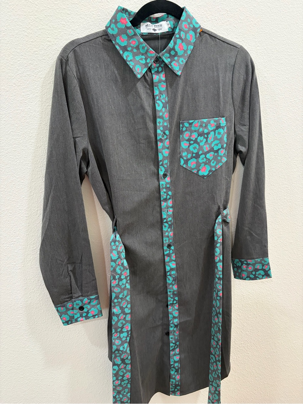 Crazy Train Gray Tunic with Teal and Pink Leopard Trim